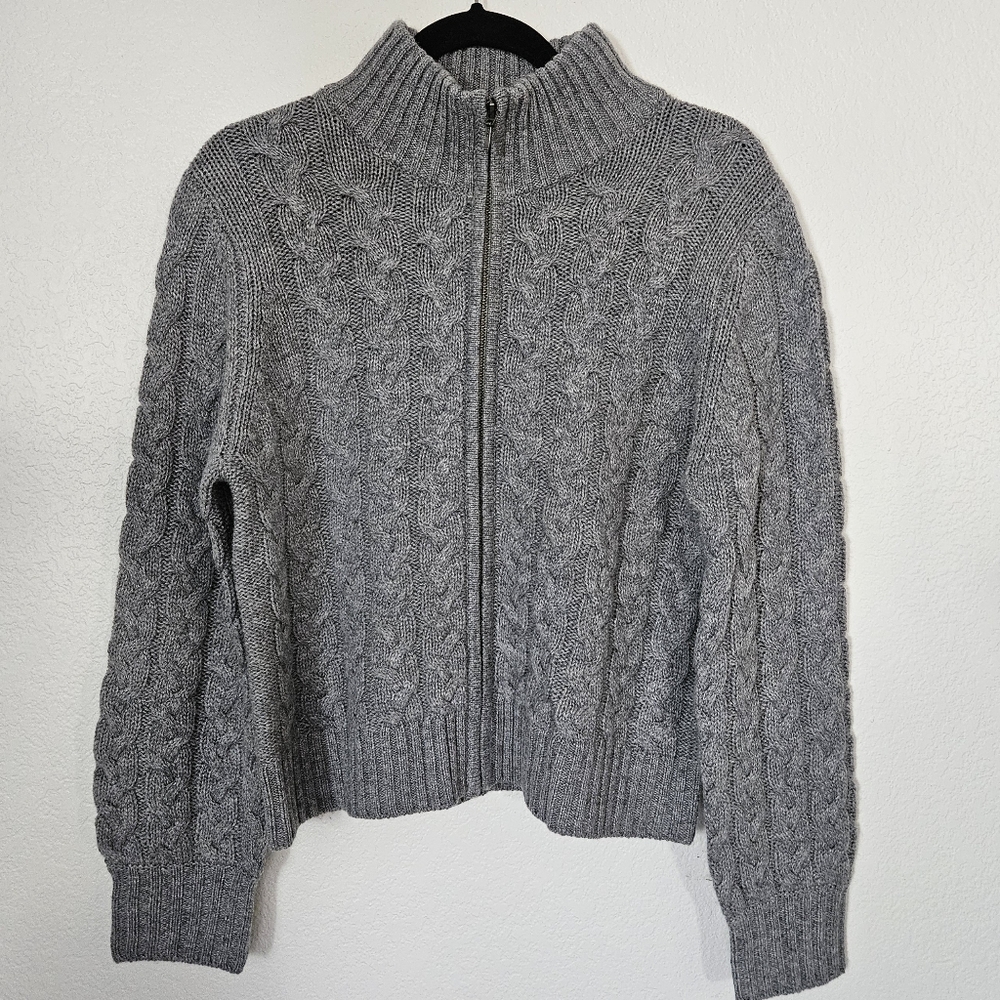 Forte Cashmere Womens Cable Zip Mock Wool & Cashmere-Blend Cardigan, Grey - Picture 10 of 11